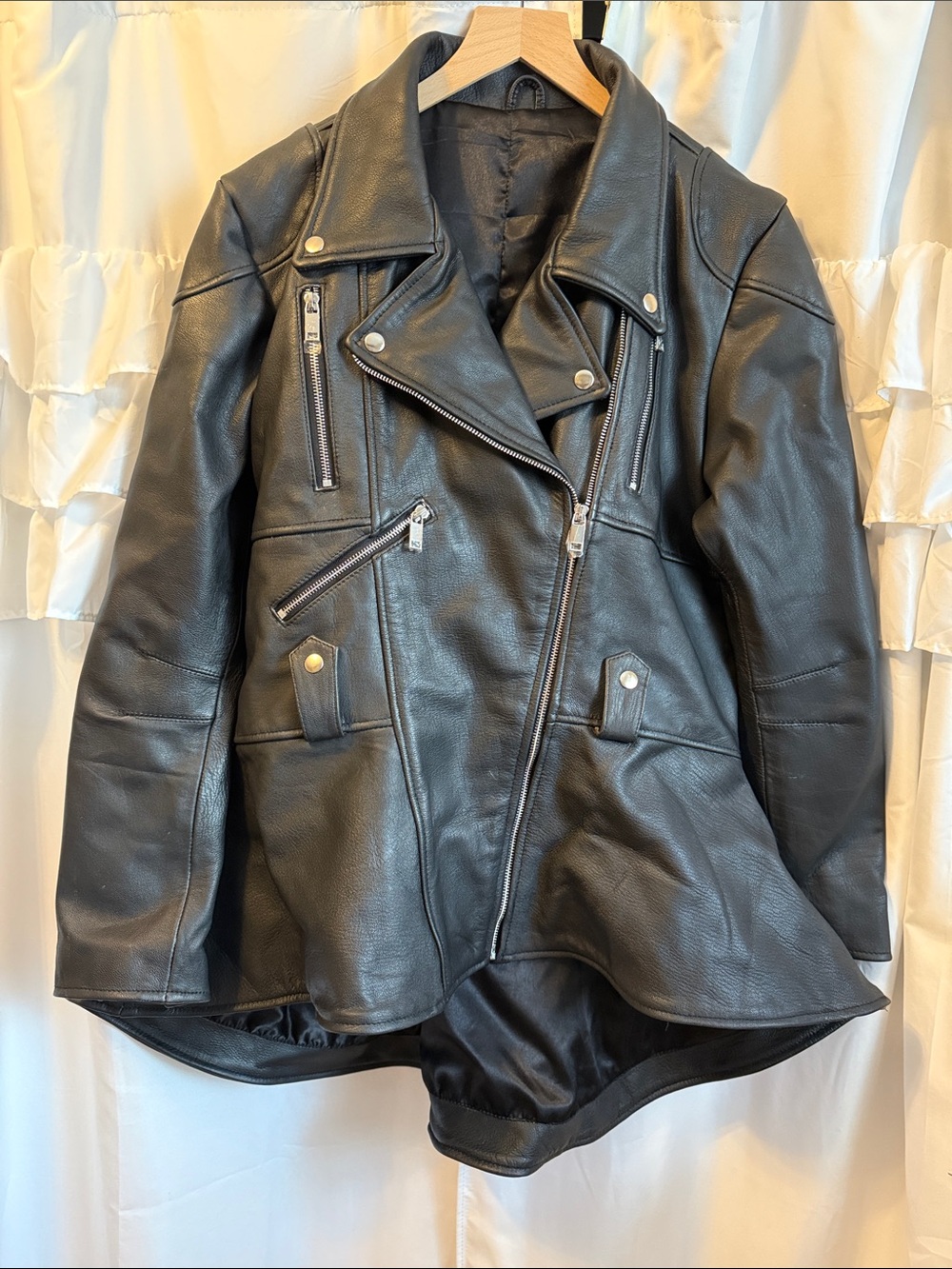 Classic Black Leather Peplum Waist Moto Jacket - Women's